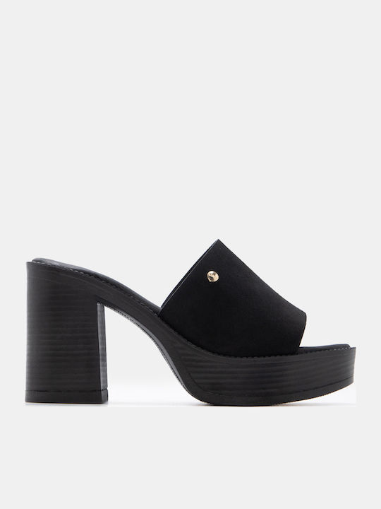 Suede Mules με Ψηλό Τακούνι σε Μαύρο Χρώμα