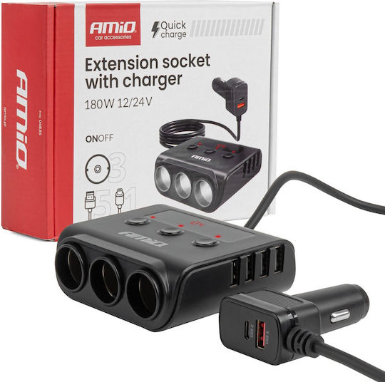 AMiO Car Charger 180W Fast Charging with Ports 4xUSB 2xType-C 3xLighter Black Colour