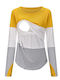 Women's Long Sleeve Nursing Top Gray Yellow Stripes Cotton-Polyester