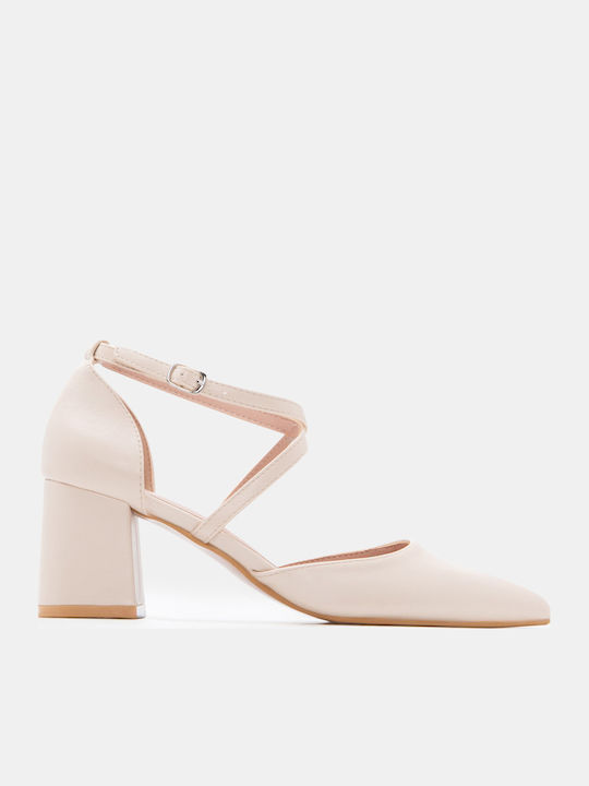 Pointed Toe Heels with Strap & Medium Beige Heel