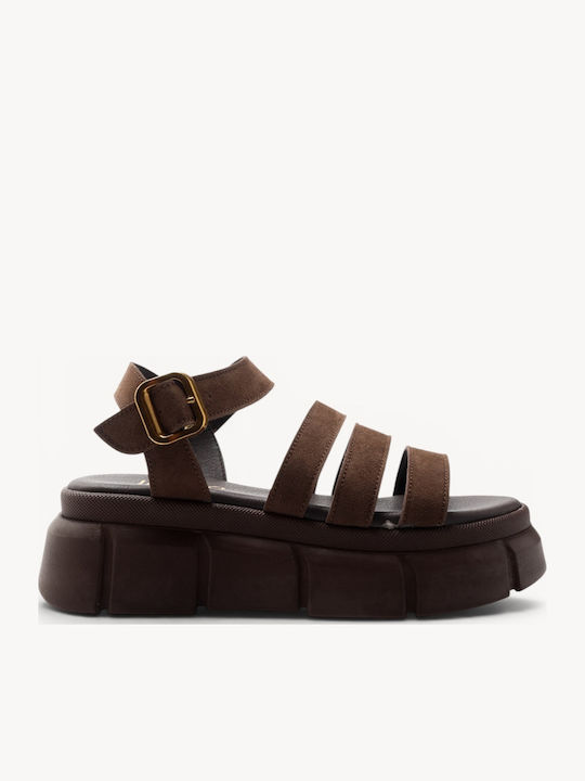 Braune Leder Multi Strap Chunky Flatforms