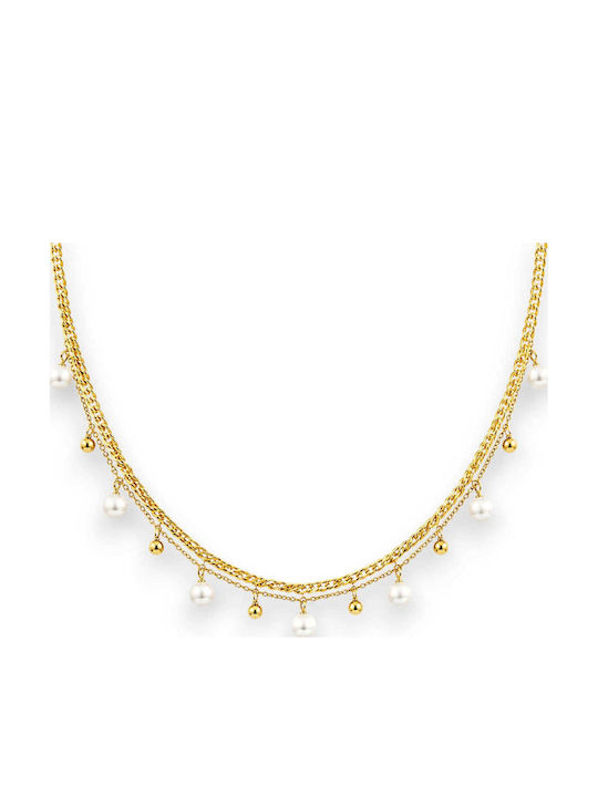 Bizou-Shop Double Necklace Made of Gold Plated Steel with Pearls