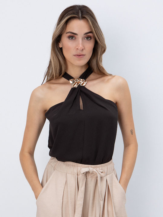 Toi&Moi Women's Sleeveless Blouse with Tie Neck Metallic
