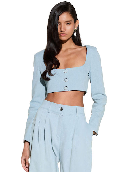 Γυναικείο Crop Top Βαμβακερό Μακρυμάνικο Γαλάζιο