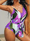 One Piece Swimsuit Printed Purple Belt Size 2XL Purple