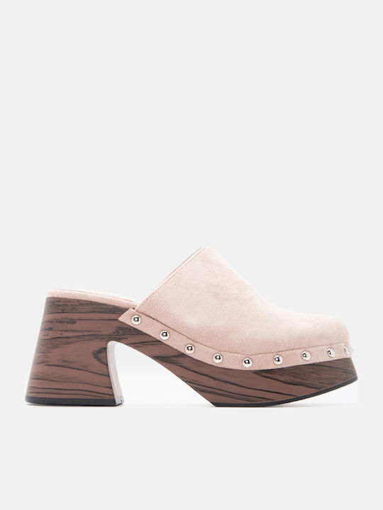 Suede Damen Pantoletten mit Hoch Absatz in Rosa Farbe