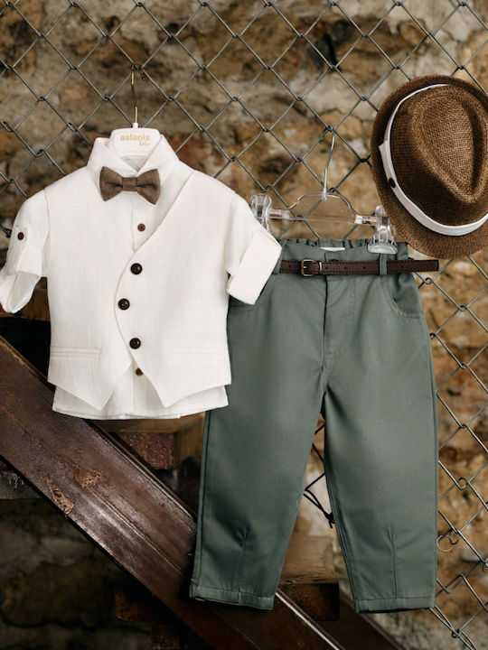 Aslanis Baby Baptism Suit with Vest for Boy Linen Green 6pcs
