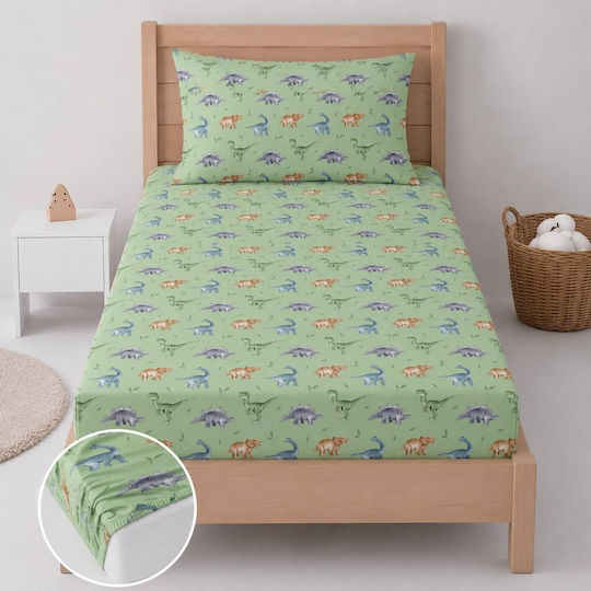 Astron Italy Kinderbettlaken Set Mit Gummizug Baumwolle Dinosaurier Grün 100x230cm 2 Stück