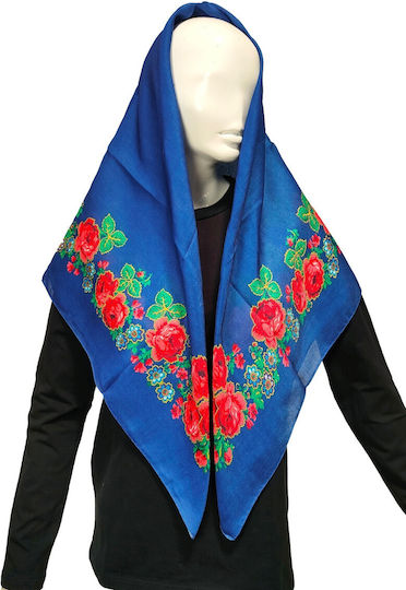 Traditional Thrace Headscarf Multicolor Floral 90x90cm Mark196 Royal Blue