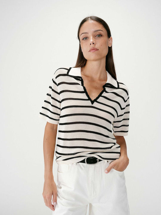 Women's Polo Blouse Short Sleeve Striped Ecru