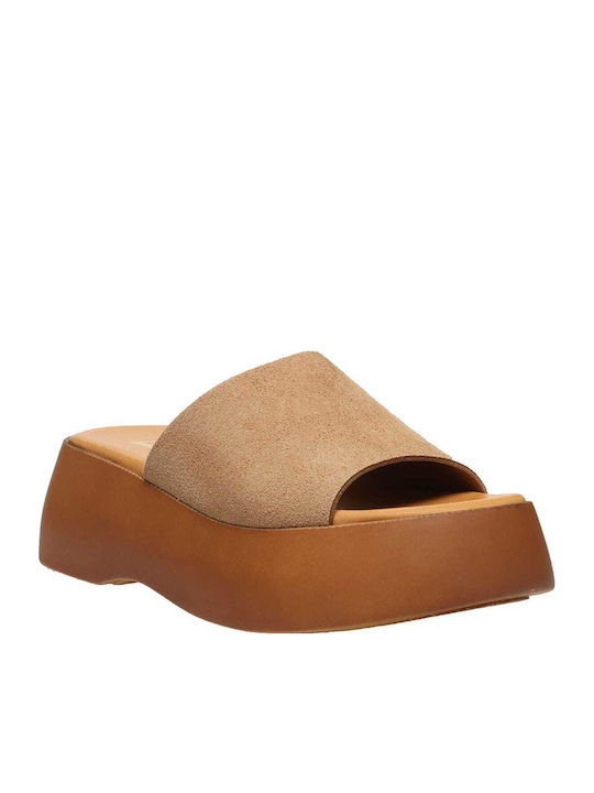 Leather Women's Flat Sandals Flatforms Tabac Brown