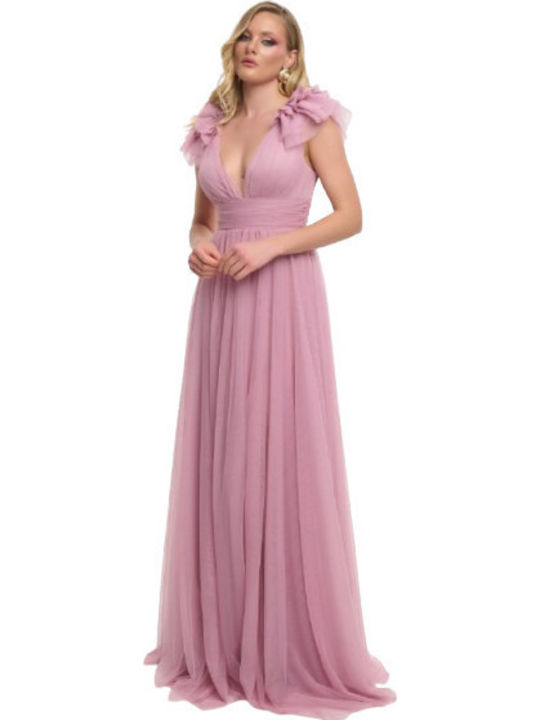 Summer Maxi Dress for Wedding Christening with Tulle Pink