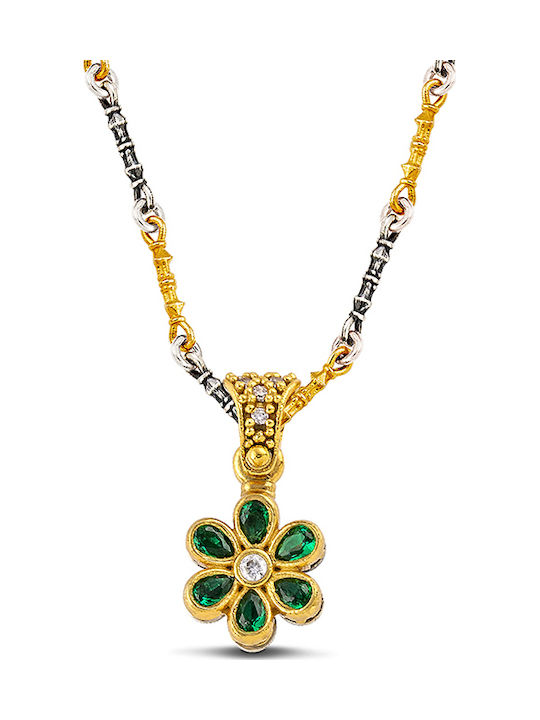 Dimitrios Exclusive Necklace With Flower Design In Gold Plated Silver With Green Zircon