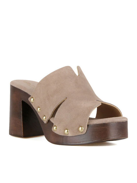 Silia D Suede Mules With High Heel In Brown Colour