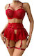 Roza Underwear Rz640 Women's Sexy Lingerie Set Lace Garters String & Bra Red Sleepwear Set