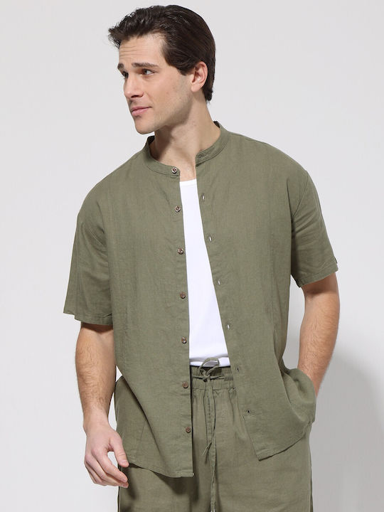 Tresor Kurzärmeliges Leinen-Herrenhemd Khaki