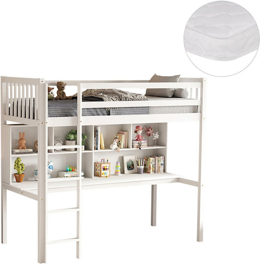 Kids Bed Bunk Single with Storage Space Mattress and Desk White 90x190cm