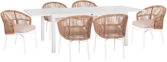 Outdoor Dining Room Set 7 Pieces White with Pillows