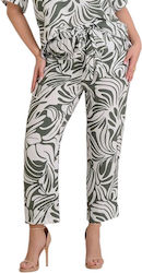 Silky Women's Fabric Trousers with Rubber Band in Loose Fit Floral Khaki