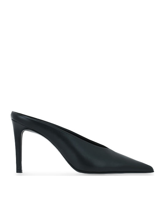 Leather Mules with High Heel in Black Colour