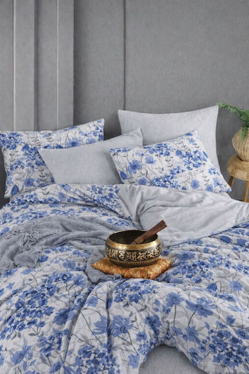 SteweHome Cotton Duvet Cover Set 200x230cm Double With 2 Pillowcases & 1 Bed Sheet Blue
