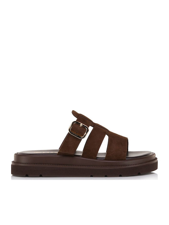 Δερμάτινα Γυναικεία Σανδάλια Flatforms Καφέ