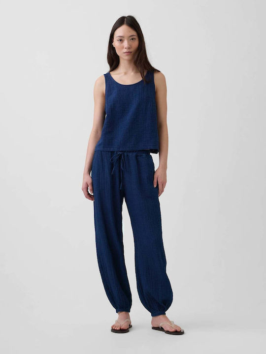 Women's Fabric Trousers with Elastic Navy Blue Wash