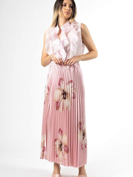 Πλισέ Maxi Φούστα Floral Ροζ