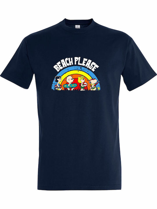 T-shirt Unisex " Peanuts Snoopy Beach Please Peanuts Charlie Brown Lucy Van Pelt Summer " French Navy