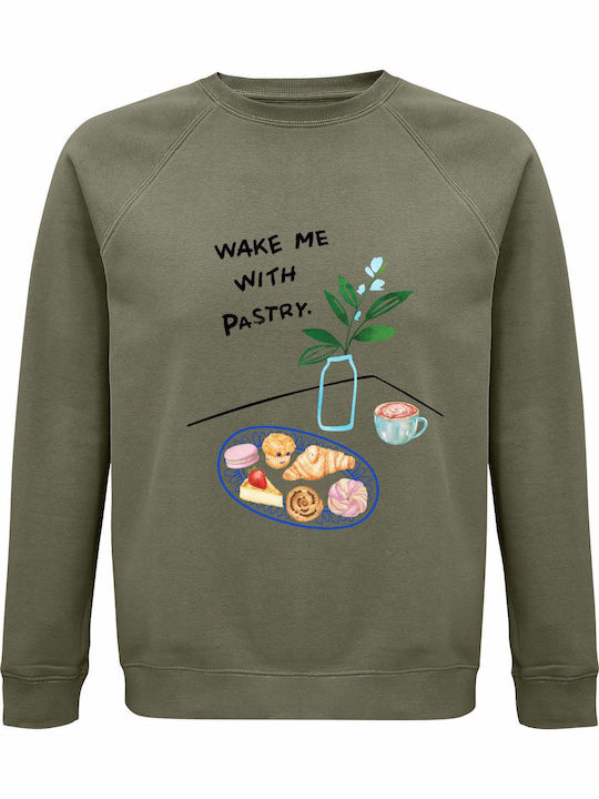 Sweatshirt Organic Unisex " Wake Me Pastry Summer Watercolor " Khaki