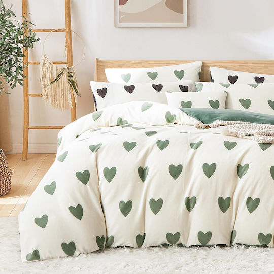 Set Huse Pentru Pilote Simplu 135x200cm Alb Cu Inimi Verzi Set Huse Pentru Pilote Simplu 135x200cm Alb Cu Inimi Verzi