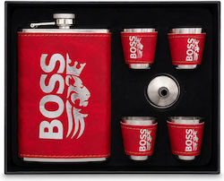 Men's Set Boss Metal Flask 4 Leather-wrapped Shot Glasses Funnel Elegant Box Red
