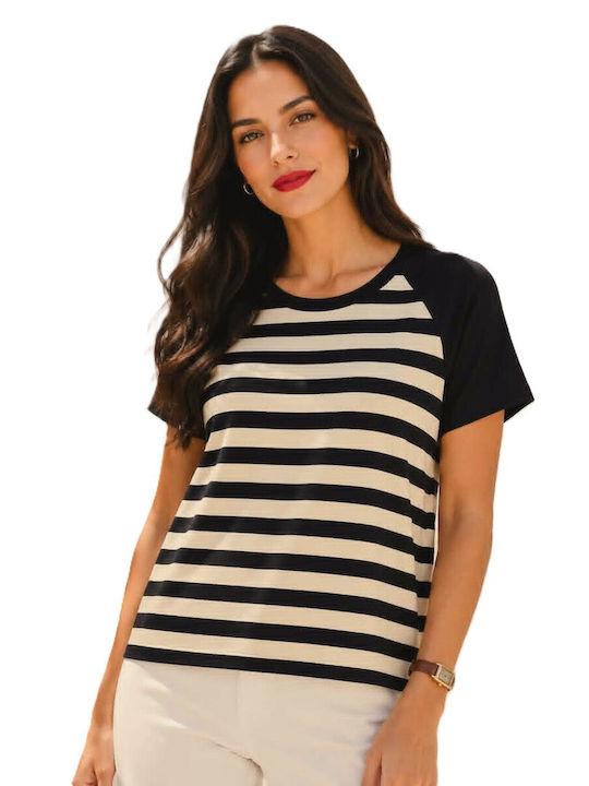 Women's Short Sleeve Striped Black Blouse With Ecru