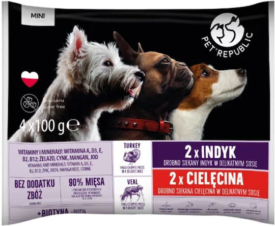 Pet Republic Υγρή Τροφή Σκύλων σε Φακελάκι με Μοσχάρι, Γαλοπούλα και Κρέας χωρίς Σιτηρά 4x100gr