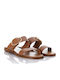 Leather Women's Flat Sandals Tabac Brown