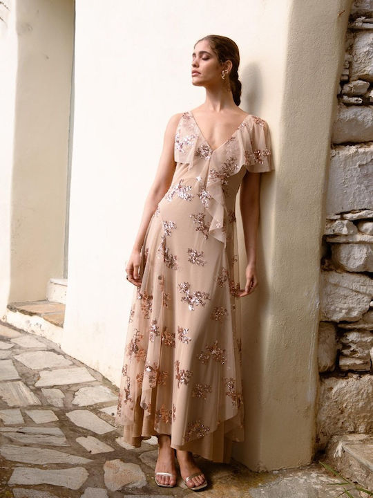 Rochie De Vară Maxi Pentru Nuntă Botez Cu Tul Bej Josiadress