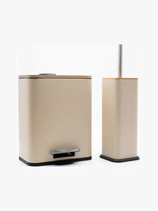 TnS Bamboo Cubic Bamboo Set Toilet Brush and Bathroom Bin Soft Close 5l Beige