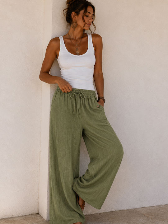 Women's Linen Pantaloons with Rubber Band in Loose Fit Khaki