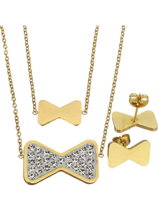 Steel Jewelry Set with Necklace & Earrings Gold with Stones