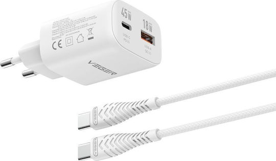 Veger Φορτιστής GaN με Θύρα USB-A και Θύρα USB-C και Καλώδιο USB-C - USB-C 45W Power Delivery / SuperCharge Λευκός (TR101)