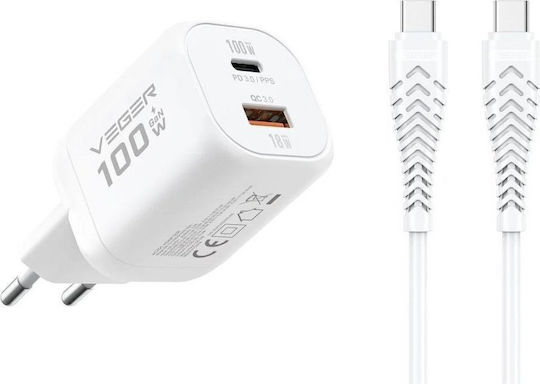 Veger Φορτιστής με Θύρα USB-A και Θύρα USB-C και Καλώδιο USB-C - USB-C 100W Power Delivery Λευκός (TR150)