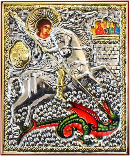 Versilberte Heiligenikone Heiliger Georg mit Samt 10x14cm