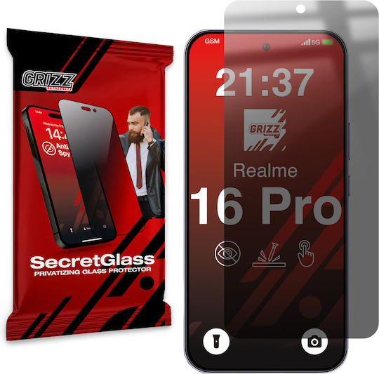 Grizzglass Secretglass Privacy Hybrid Glass Screen Protector Compatible Realme 16 Pro Black
