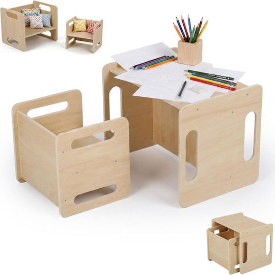 Kids Table Set with Chairs for Painting Made of Wood Beige Relaxdays