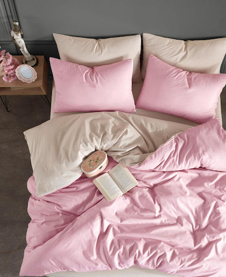 Rebeka Home Set Duvet Cover Cotton 200x220cm Double with 2 Pillowcases and 1 Bed Sheet Ranp5808 Pink Cream