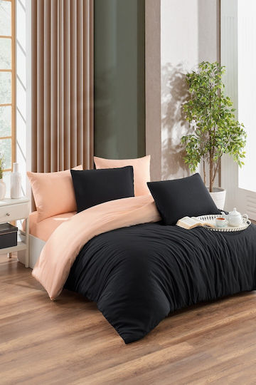 Rebeka Home Σετ Παπλωματοθήκη Βαμβακερή 200x220cm Διπλή με 2 Μαξιλαροθήκες & 1 Σεντόνι Black And Peach