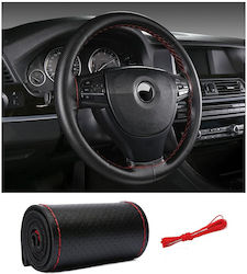 Black Leather Steering Wheel Cover 38 Cm Red Stitch Universal Round D-shaped Steering Wheels