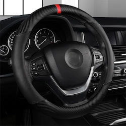 Universal Leather Steering Wheel Cover Carbon Design – Black Red Stripe 37–38 Cm