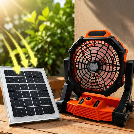 Solar Rechargeable Fan 8w Desktop 4 Speeds Flashlight Power Bank X25 Black Orange