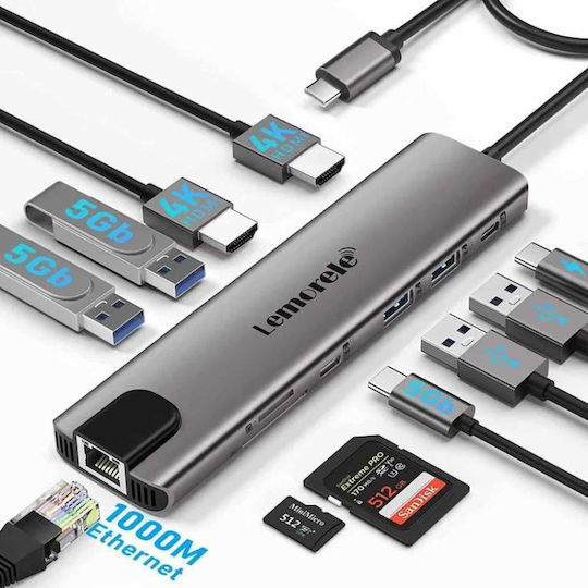 Lemorele TC65L USB-C Докинг Станция с HDMI 4K PD Ethernet и Свързване на 2 Монитора Сребриста